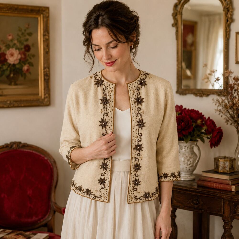 50s Vintage King's Sweater Beaded Cashmere Angora Cardigan Ivory Ecru - M
